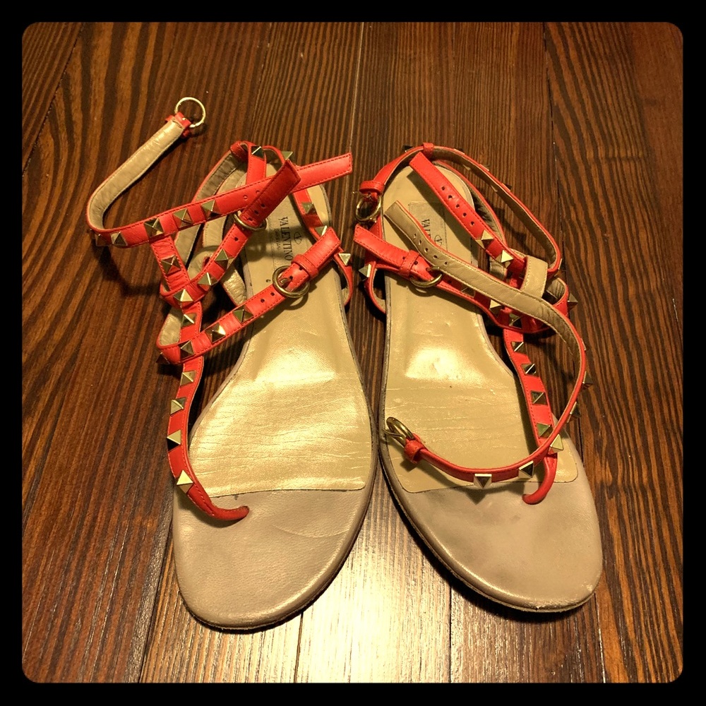 Red/dark salmon Valentino Rockstud Sandals